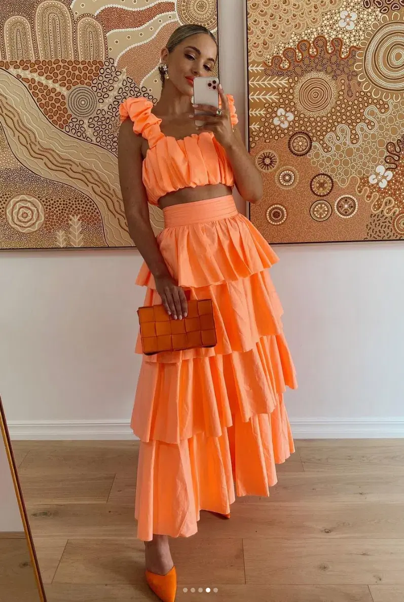 Aje Medina Ruched Crop Top and Tiered Midi Skirt Set Orange Set Size 8 - Image 4