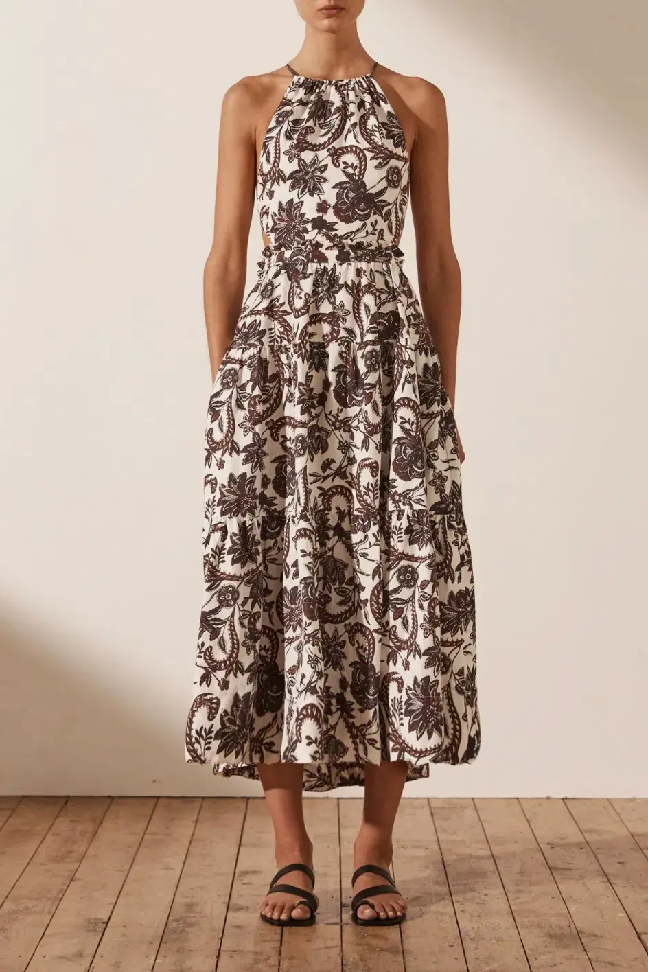 Shona Joy Dahlia Linen Backless Midi Dress Print Size 10 - Image 1
