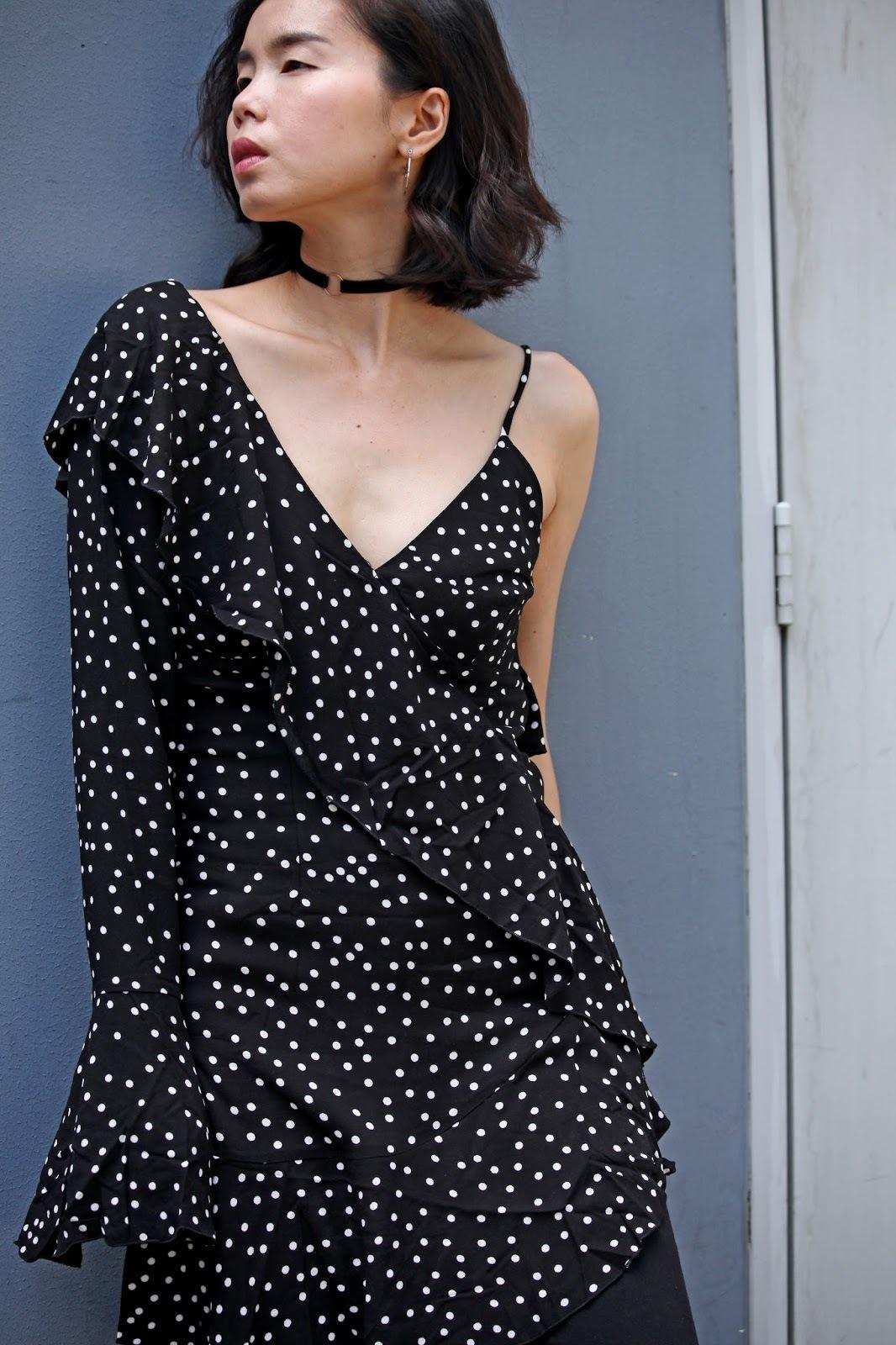 Shakuhachi Spot On One Sleeve Ruffle Polka Dot Dress Print Size 8 - Image 5