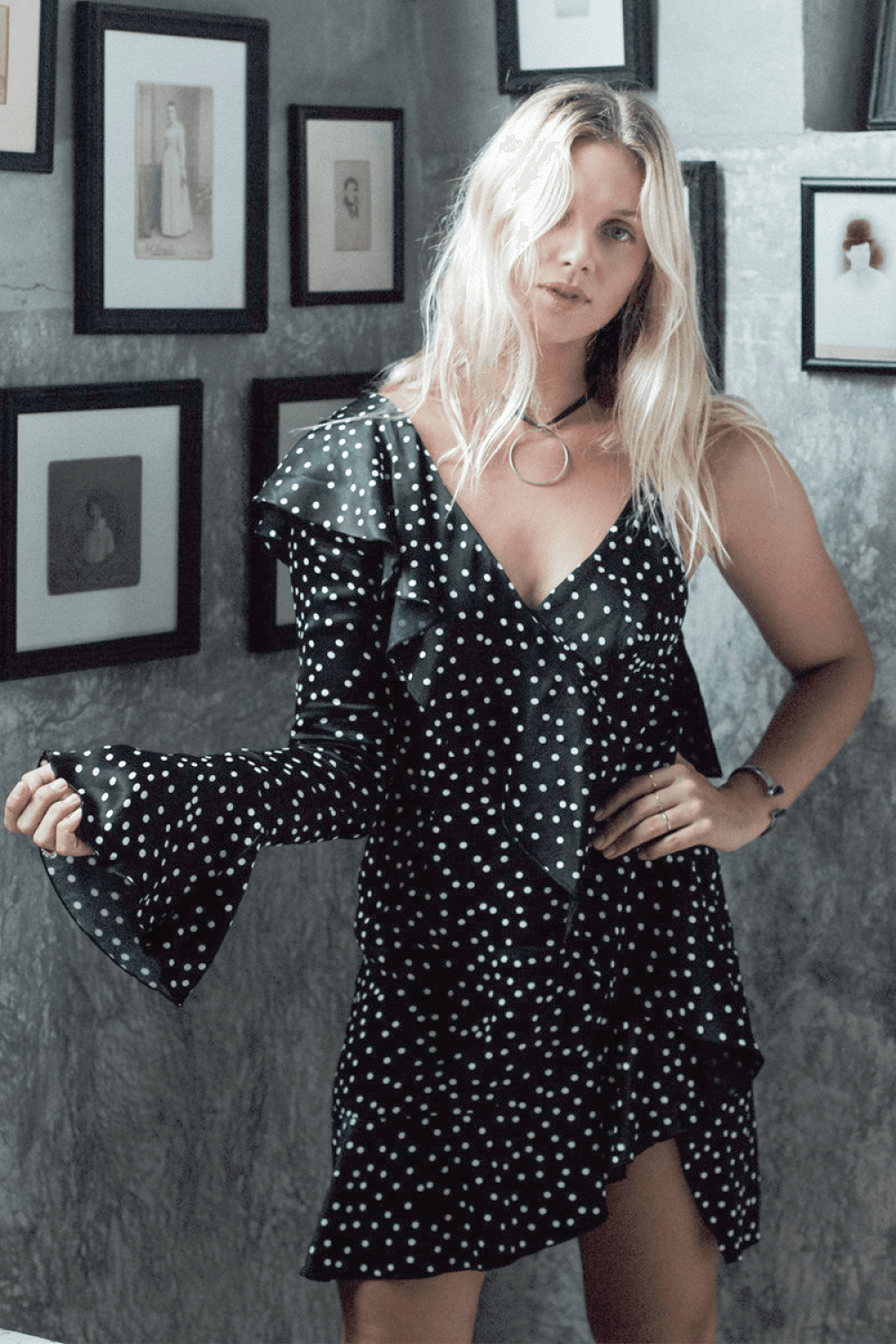 Shakuhachi Spot On One Sleeve Ruffle Polka Dot Dress Print Size 8 - Image 4