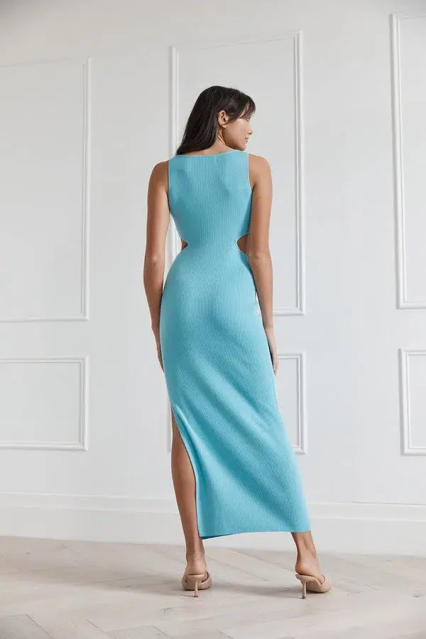 San Sloane Braxton Boat Neck Cut Out Midi Dress Blue Size 8  - Image 2