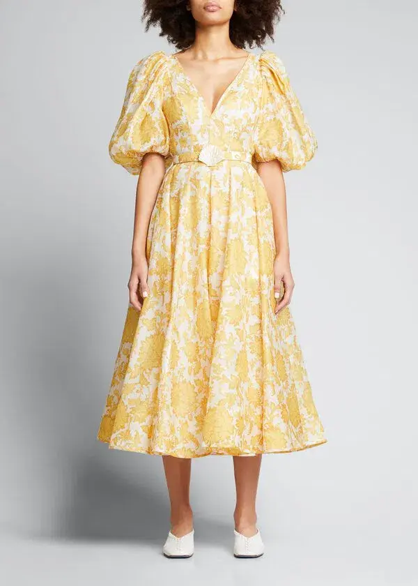 Zimmermann Postcard Puff Sleeved Midi Dress Yellow Size 2 / Au 12  - Image 1