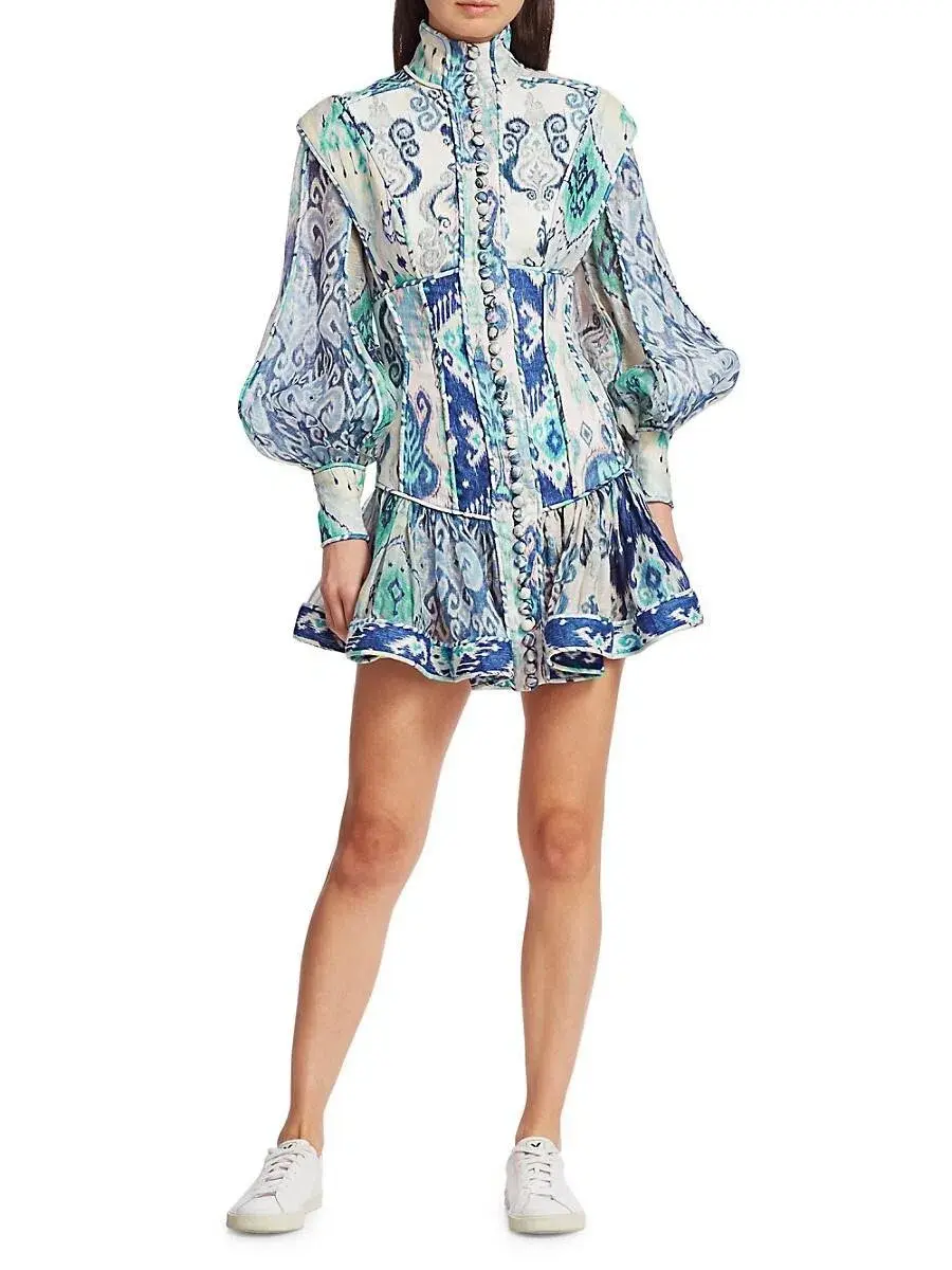 Zimmermann Glassy Long Sleeve Mini Dress Spliced Blue Ikat Print Size 0 / AU 8  - Image 1