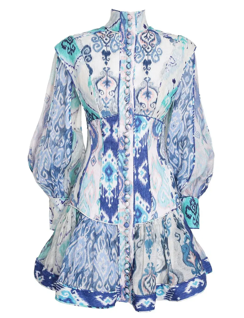 Zimmermann Glassy Long Sleeve Mini Dress Spliced Blue Ikat Print Size 0 / AU 8  - Image 3