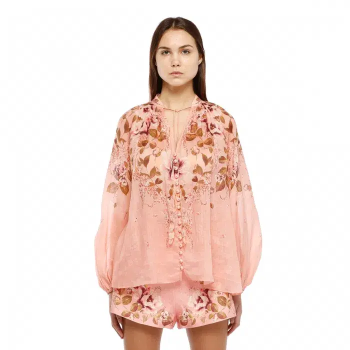 Zimmermann Rosa Tie Blouse Pink Peony Floral Size 0 / AU 8 - Image 2