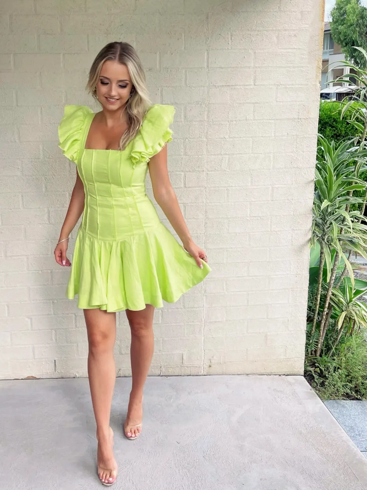 Aje Breathless Frill Sleeve Mini Dress in Lime Green Dress Size 8 - Image 2