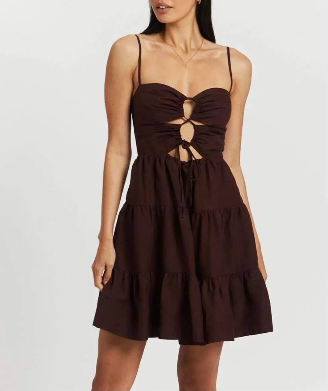 Shona Joy Rubi Lace Up Mini Dress in Cocoa Brown Size 10 for rent on The Volte - main image