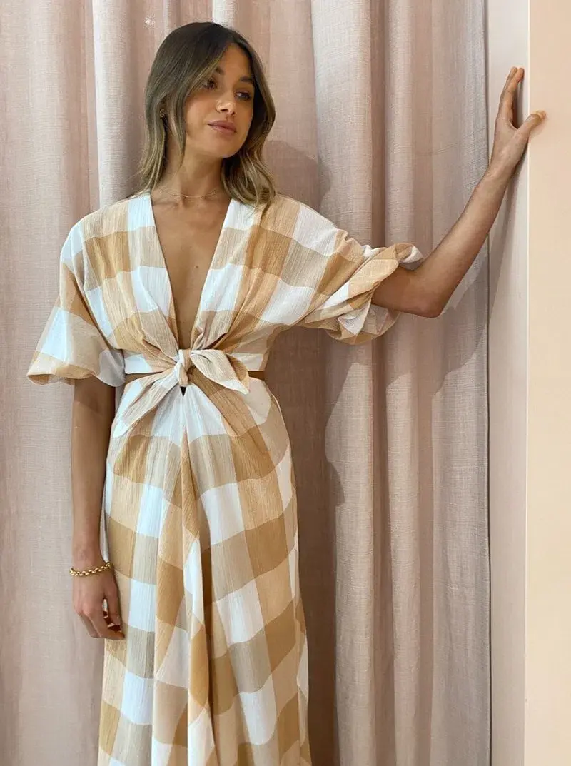 Significant Other Frida Dress in Caramel Check Print Size 10 for rent on The Volte - main image