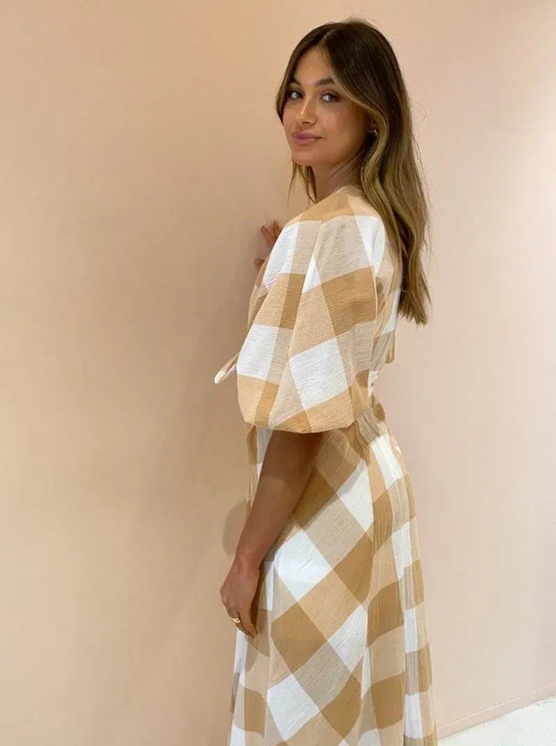 Significant Other Frida Dress in Caramel Check Print Size 10 for rent on The Volte - main image