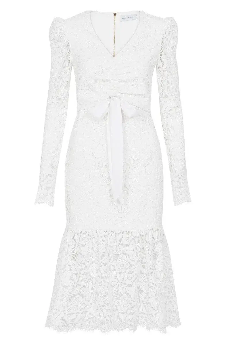 Rebecca Vallance Le Saint Ruched Lace Dress White Size 8 for rent on The Volte - main image