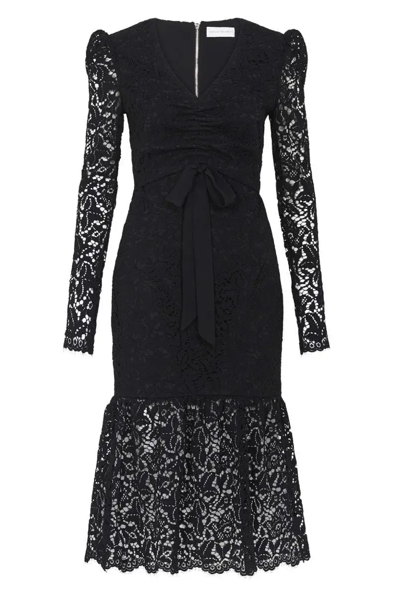 Rebecca Vallance Le Saint Ruched Lace Dress Black Size 6 for rent on The Volte - main image