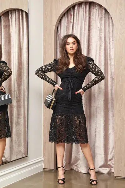 Rebecca Vallance Le Saint Ruched Lace Dress Black Size 6 - Image 3