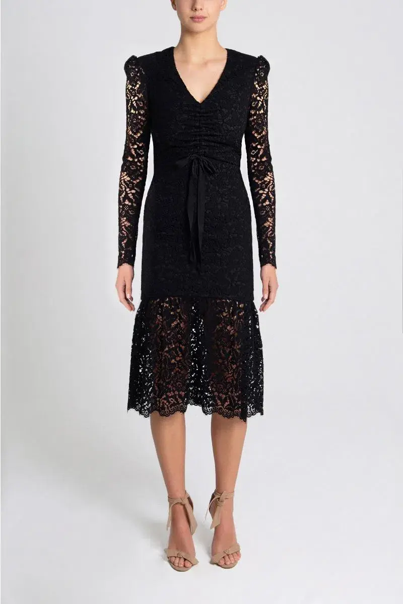 Rebecca Vallance Le Saint Ruched Lace Dress Black Size 6 for rent on The Volte - main image