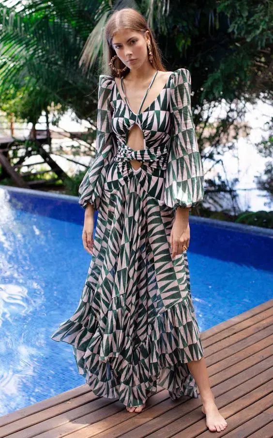 PatBO Long Sleeve Cut Out Dress Geo Print Size 8 - Image 1