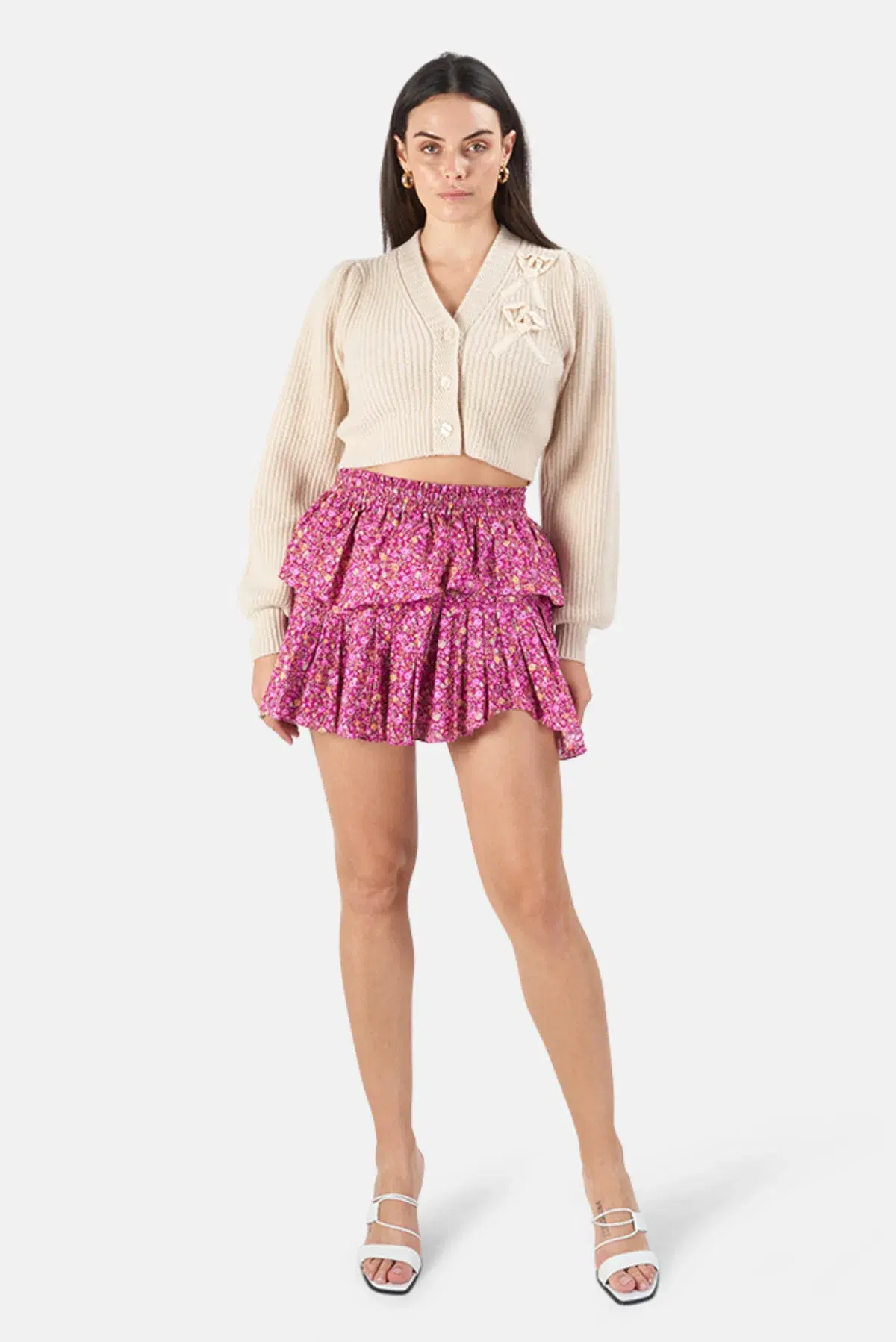 LoveShackFancy Cherry Wine Ruffled Mini Skirt in Purple Print Size 12 - Image 1