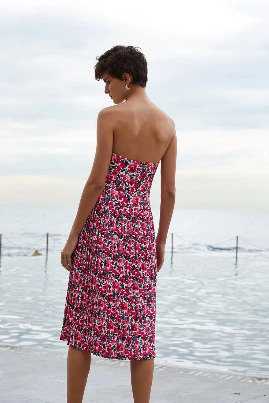 By Johnny Strapless Pleat Midi Dress Print Size 10 - Image 2