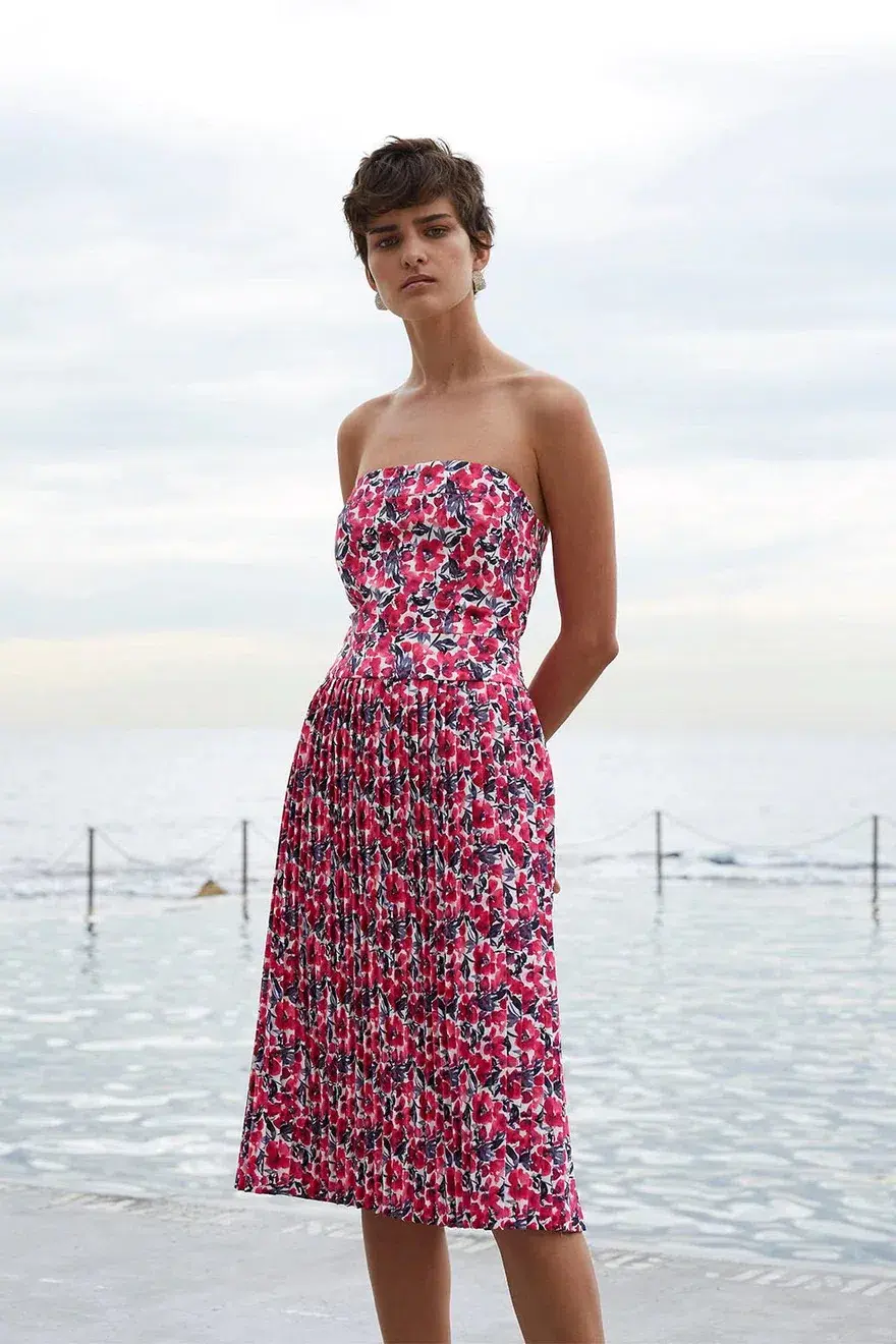 By Johnny Strapless Pleat Midi Dress Print Size 10 - Image 1