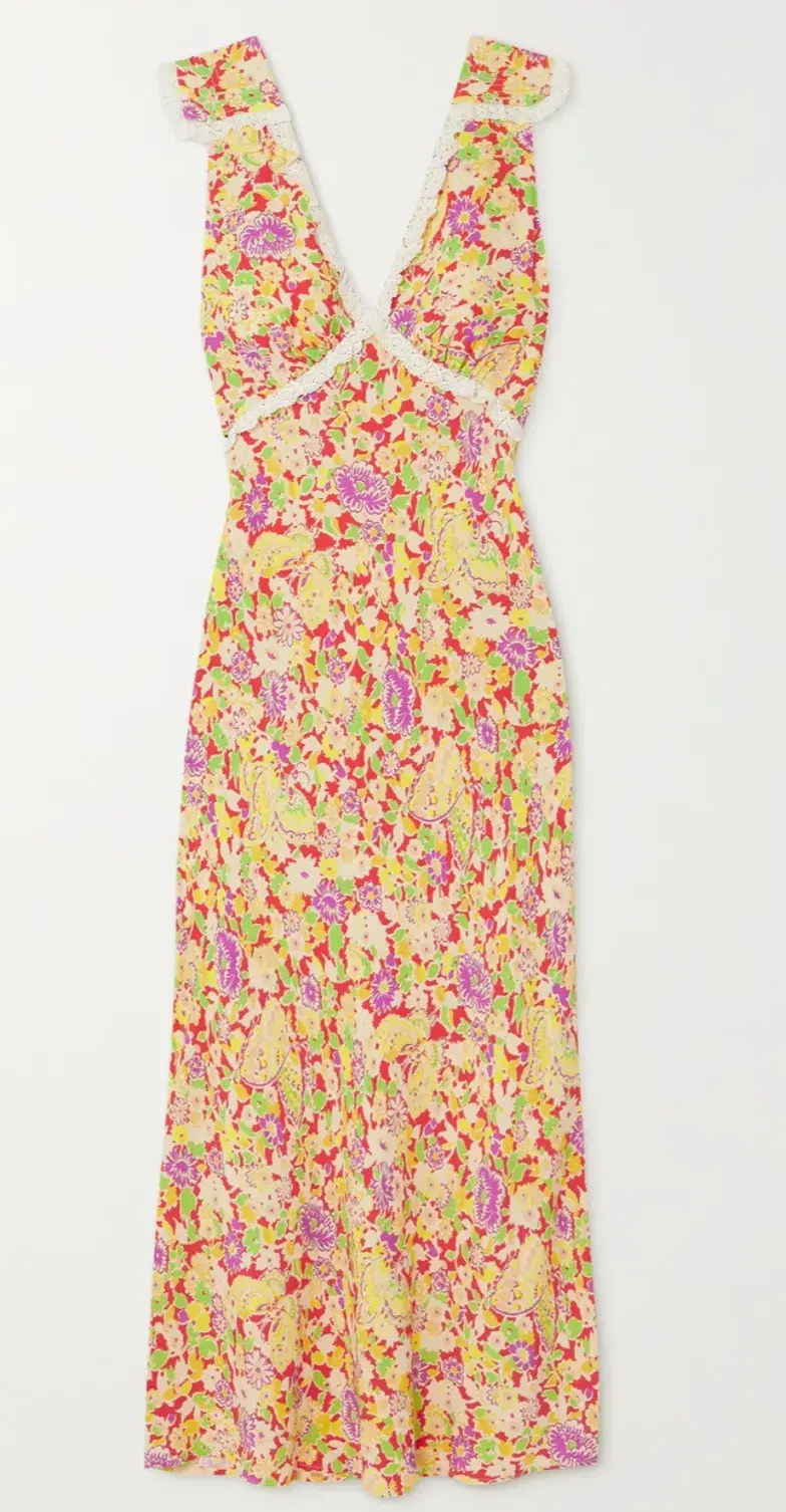 Rixo Storm Crochet Trimmed Crepe Midi Dress Floral Print Size 6 for rent on The Volte - main image