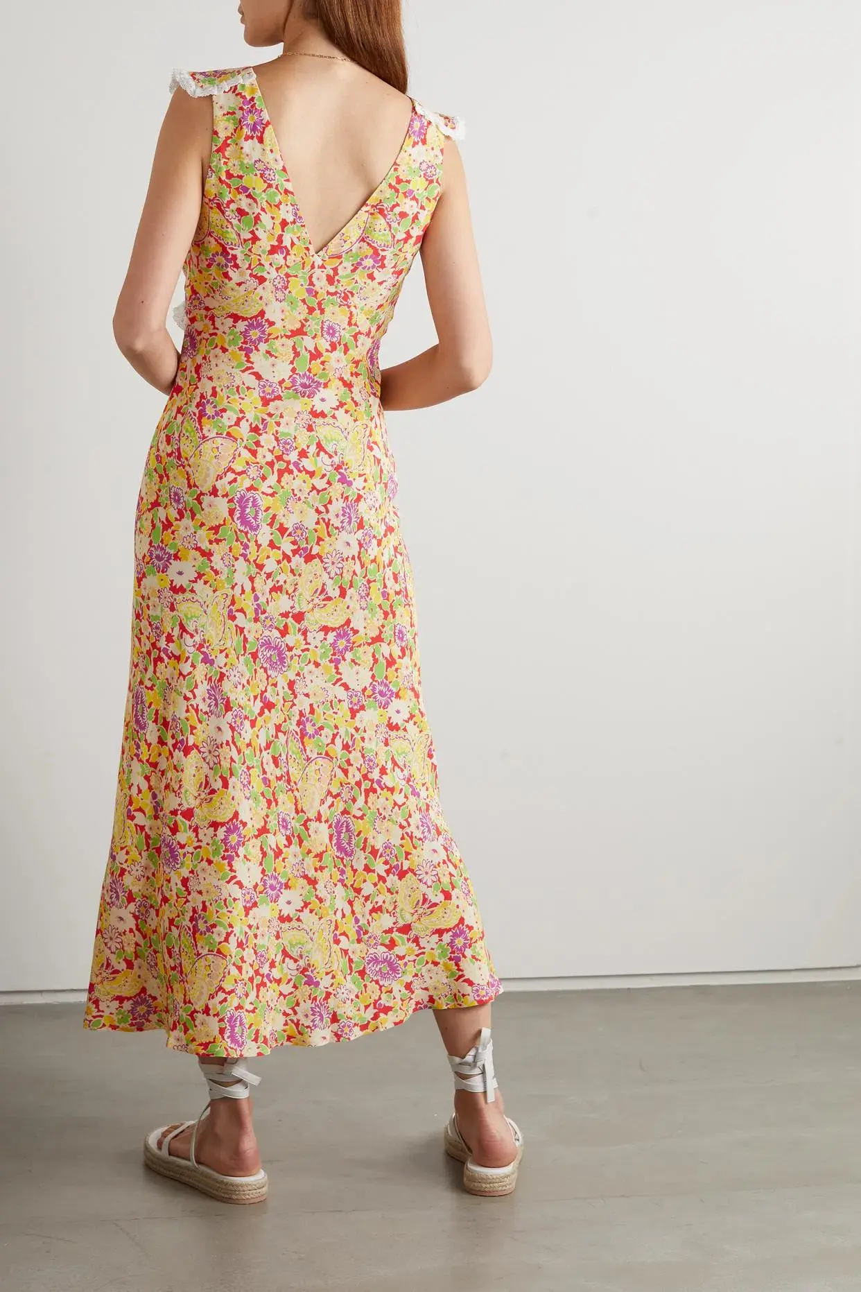 Rixo Storm Crochet Trimmed Crepe Midi Dress Floral Print Size 6 - Image 2