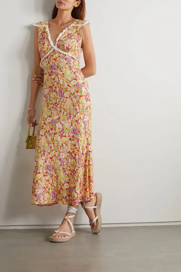 Rixo Storm Crochet Trimmed Crepe Midi Dress Floral Print Size 6 for rent on The Volte - main image