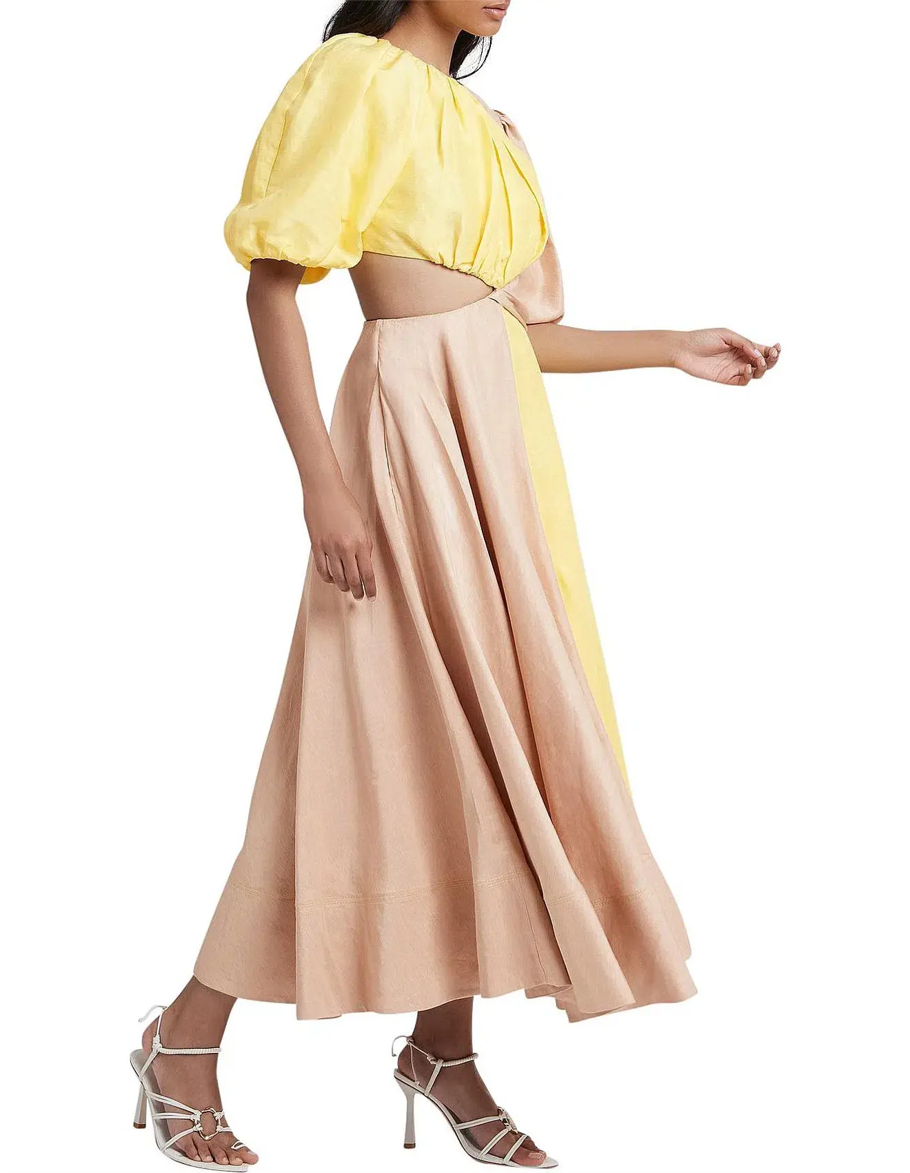 Aje Caliente Two Tone Puff Sleeve Dress Yellow Beige Size 8 - Image 3