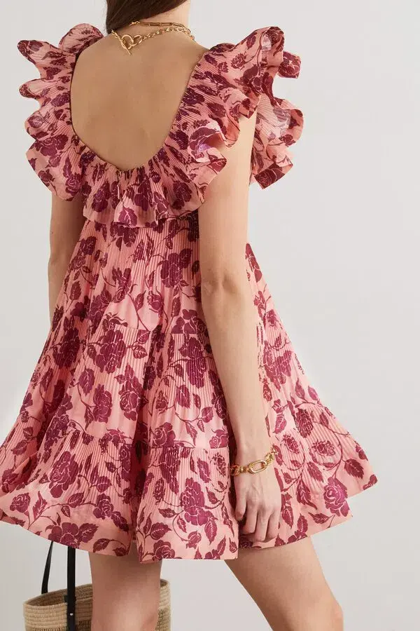 Zimmermann Lovestruck Floral Ruffled Plissé Crepe Mini Dress Print Size 6 - Image 2