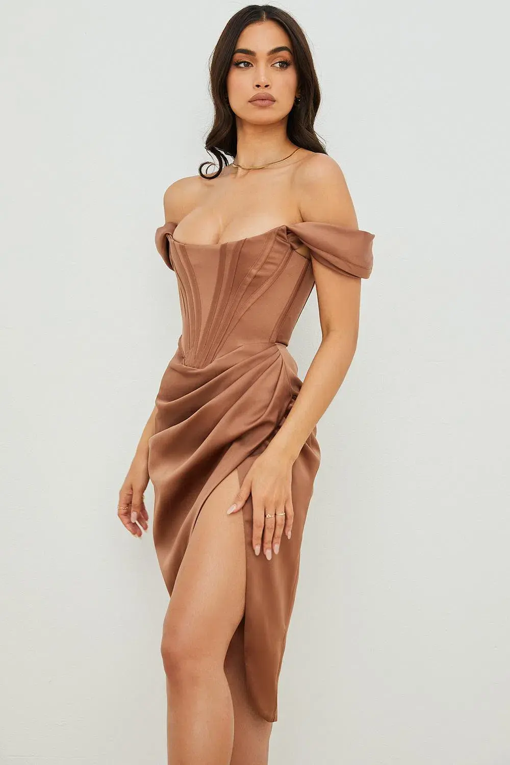 House of CB Loretta Satin Off Shoulder Midi Dress Brown Size XS / Au 6 - Image 5