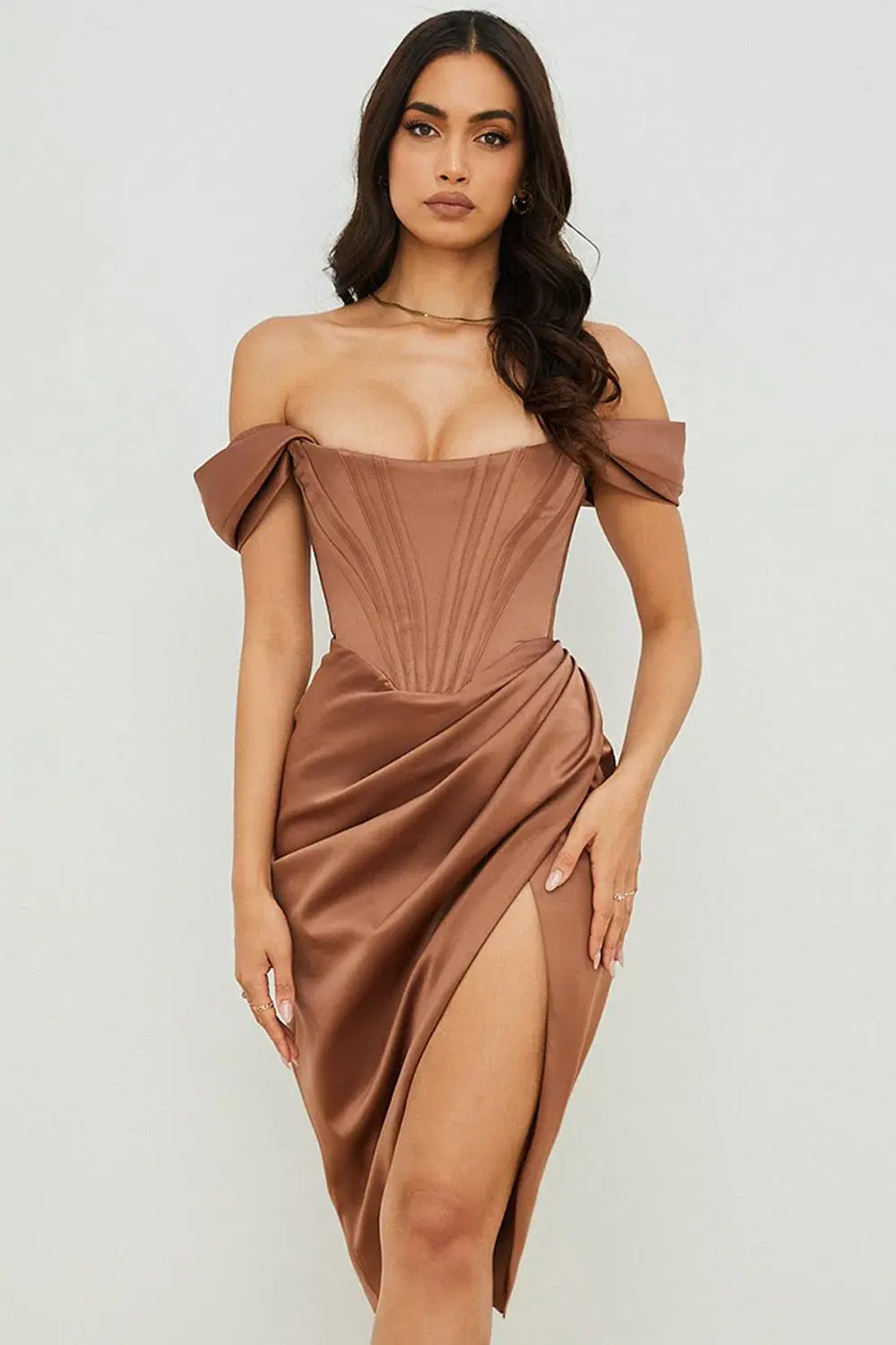House of CB Loretta Satin Off Shoulder Midi Dress Brown Size XS / Au 6 - Image 7
