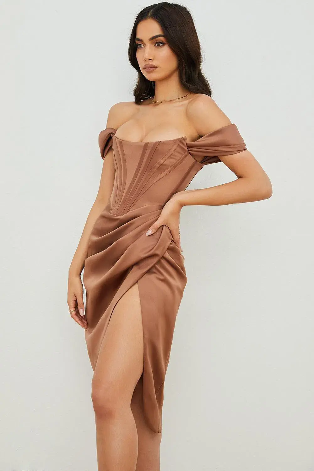 House of CB Loretta Satin Off Shoulder Midi Dress Brown Size XS / Au 6 - Image 3
