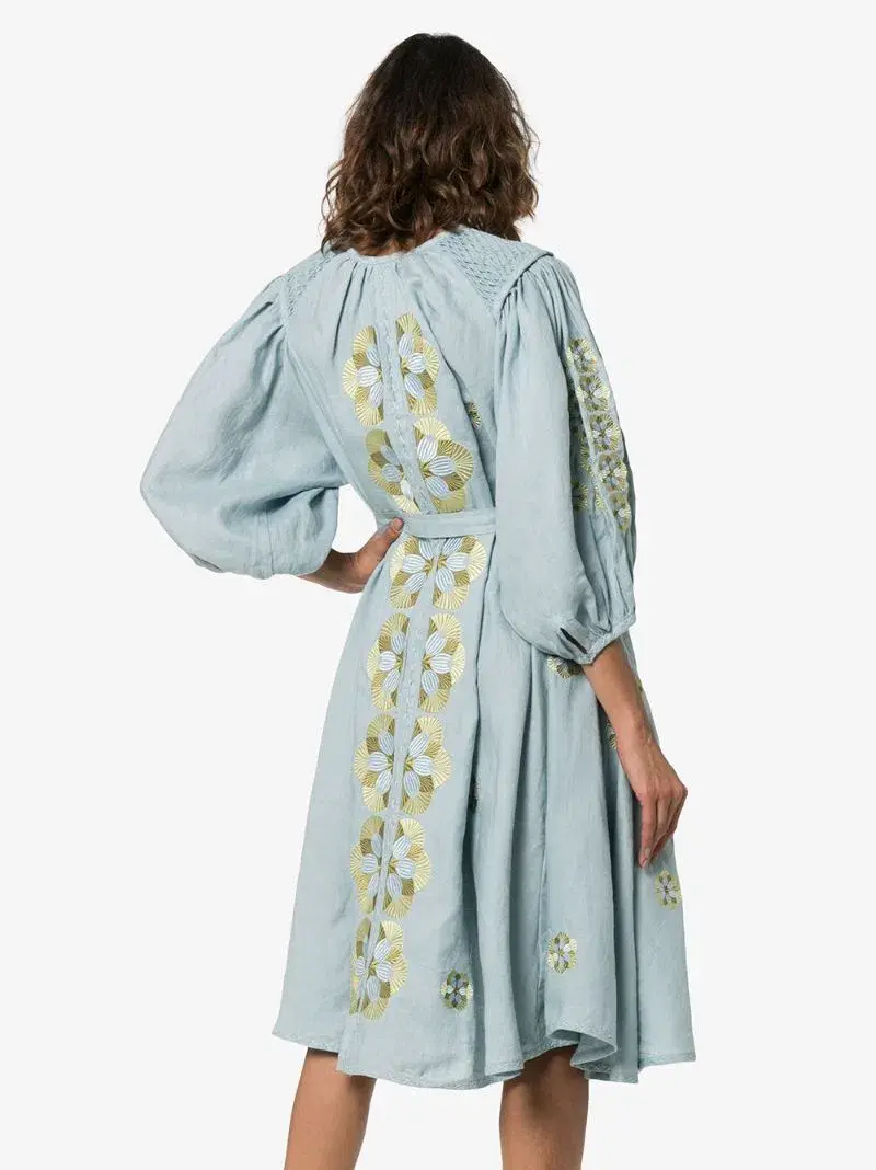 Innika Choo Sir Kulksware Blue Midi Smock Print Dress One Size  - Image 2