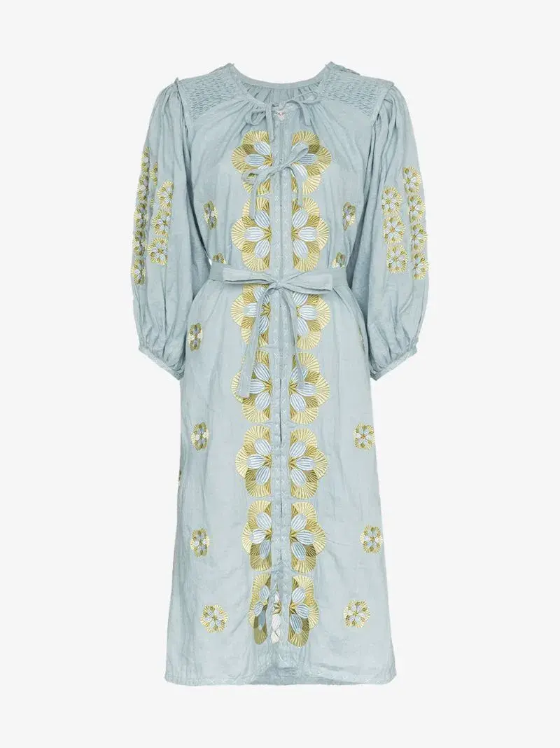 Innika Choo Sir Kulksware Blue Midi Smock Print Dress One Size  - Image 4