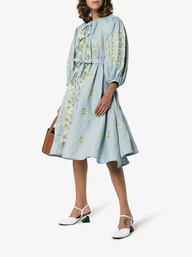 Innika Choo Sir Kulksware Blue Midi Smock Print Dress One Size  - Image 1