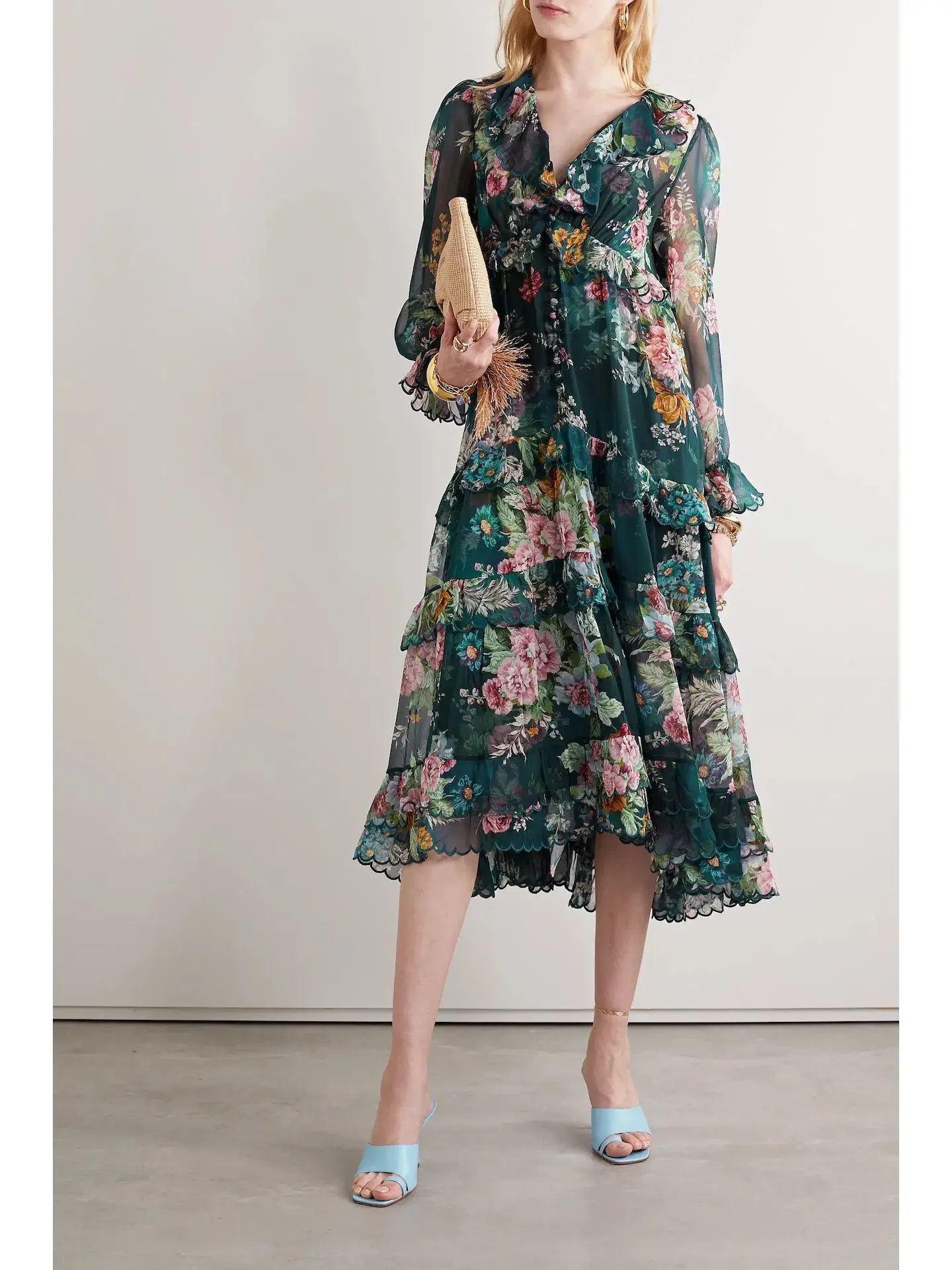 Zimmermann Wavelength Scallop Tiered Silk Chiffon Midi Dress Floral Print Size 0P / AU 6 - Image 3