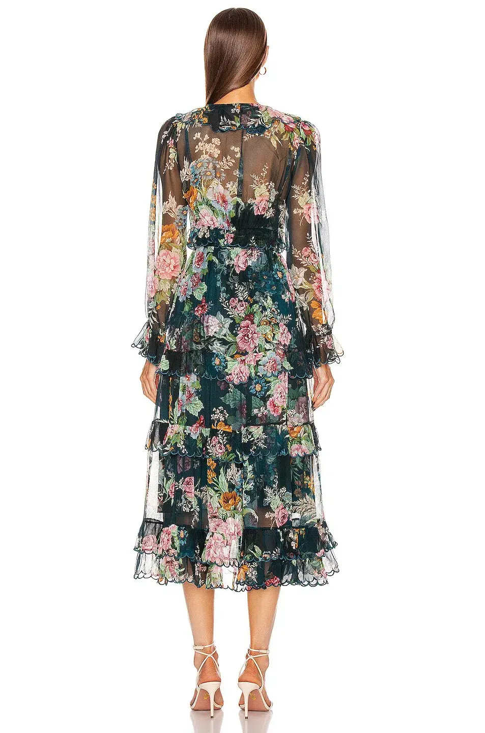 Zimmermann Wavelength Scallop Tiered Silk Chiffon Midi Dress Floral Print Size 0P / AU 6 - Image 2