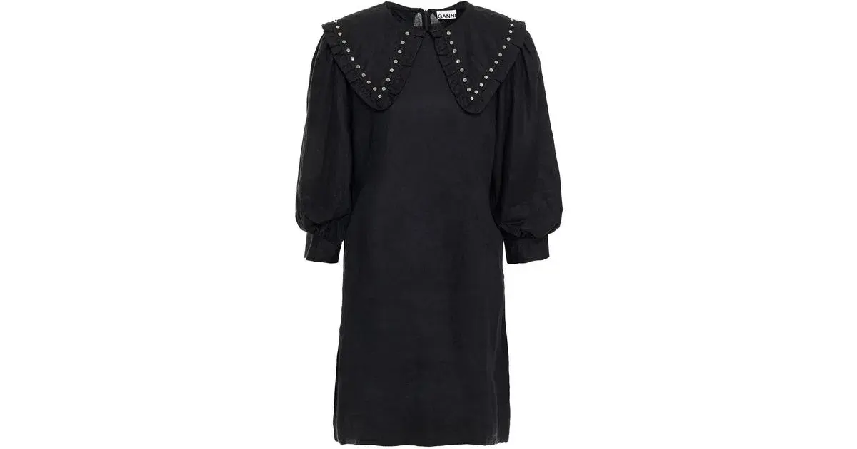 Ganni Studded Linen Mini Dress Black Size 8 - Image 3