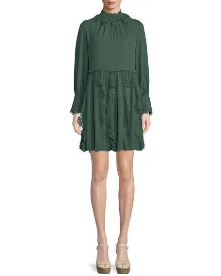 See By Chloe Floral Lace Puff-Sleeve Midi Dress Green Size 10 - Image 1