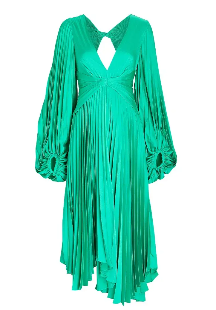 Acler Palms Pleated Satin Midi Dress Green Size 10 - Image 3
