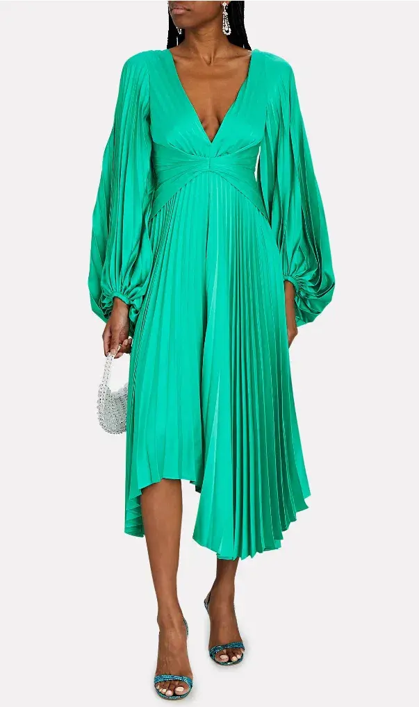 Acler Palms Pleated Satin Midi Dress Green Size 10 - Image 1