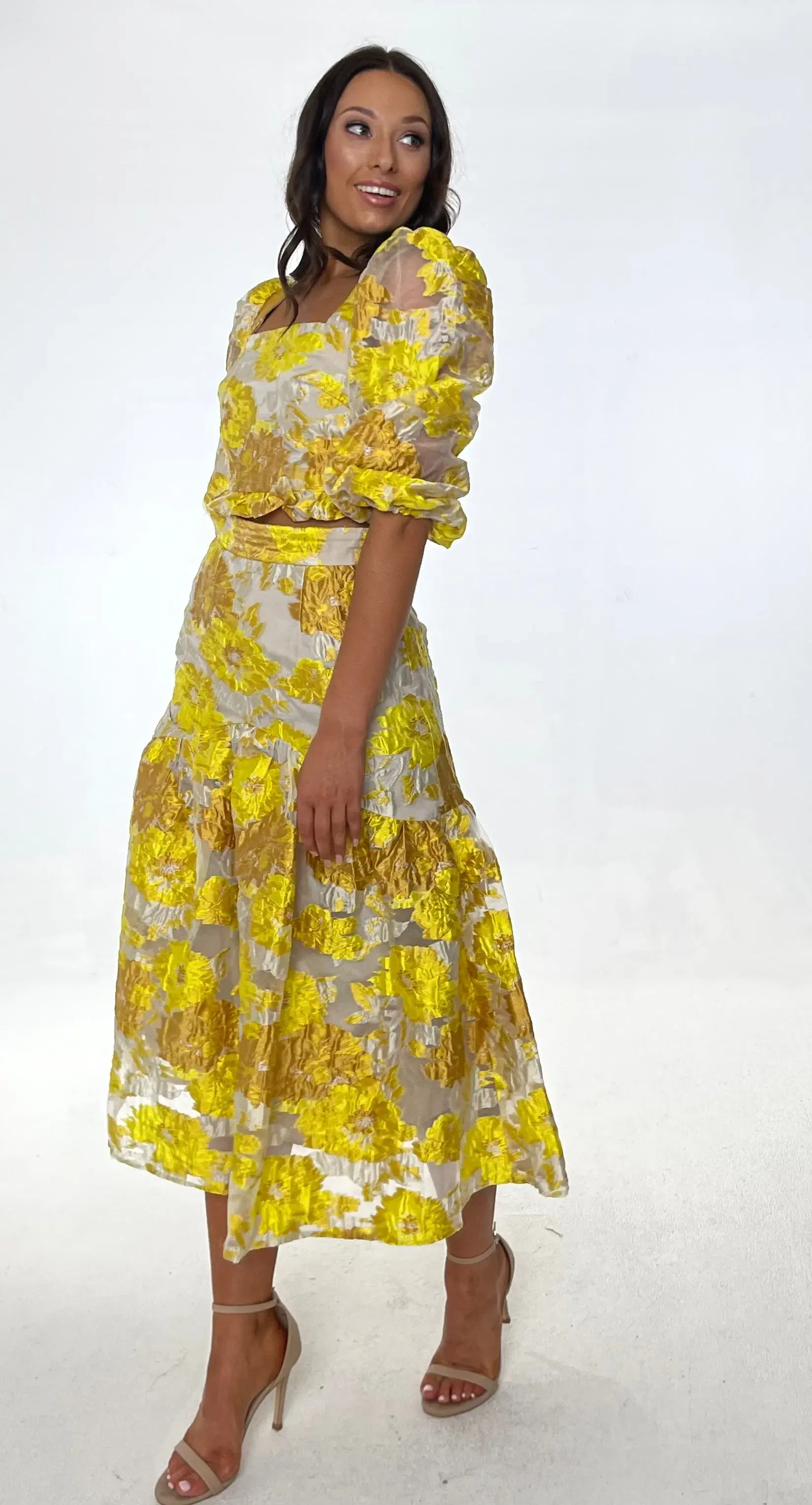 Elliatt Prowess Cropped Ruffle Top and High Rise Skirt Set Yellow Size 6 - Image 1
