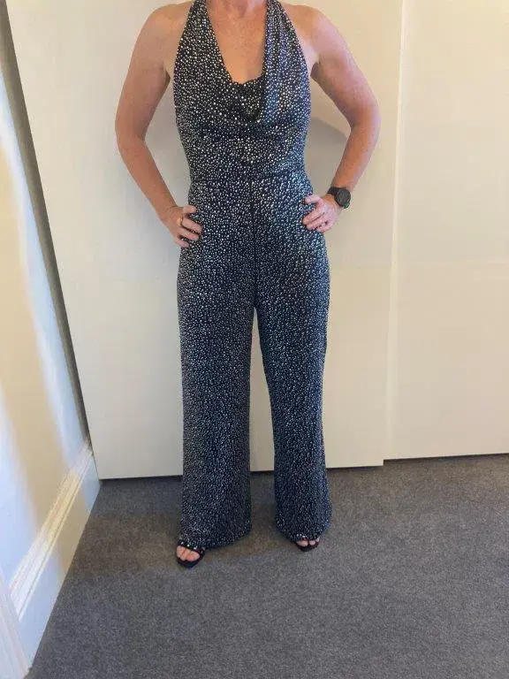 Alice and Olivia Salem Draped Crystal Embellished Halterneck Jumpsuit Black Size 8 - Image 2