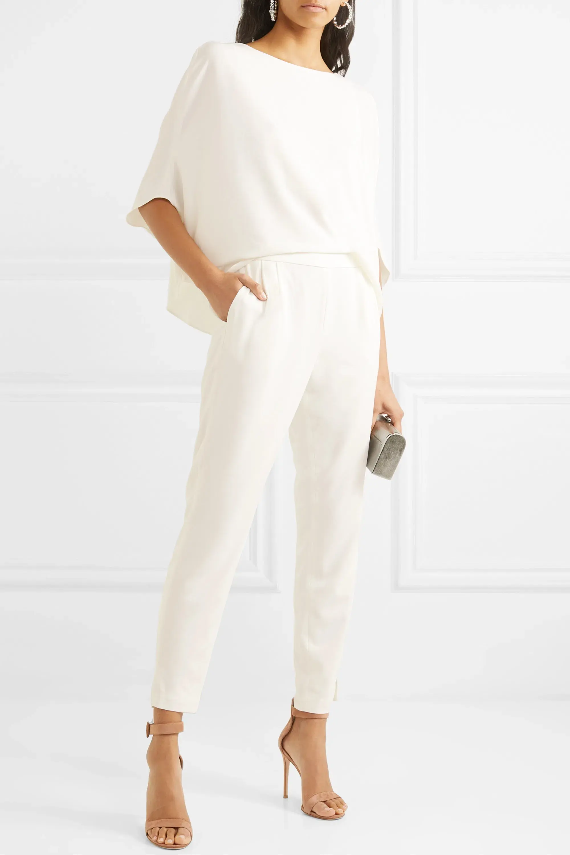 Halston Draped Crepe de Chine Jumpsuit White Size 8 - Image 1