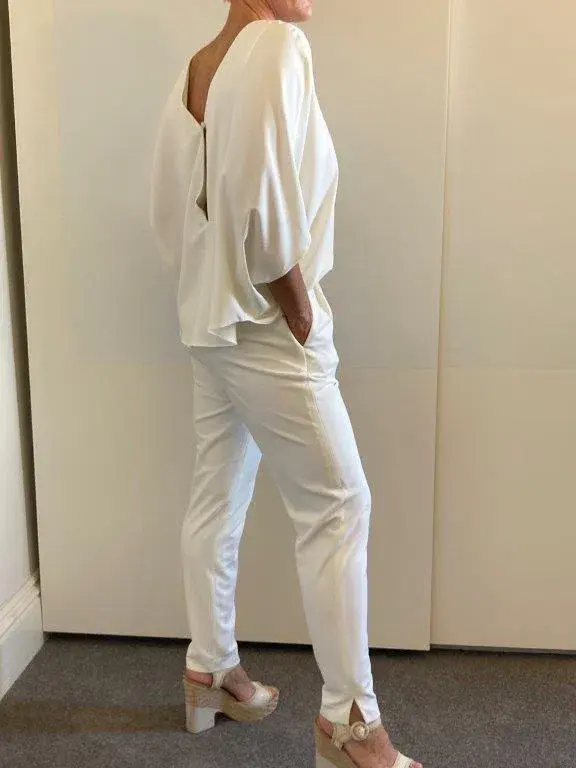Halston Draped Crepe de Chine Jumpsuit White Size 8 - Image 4