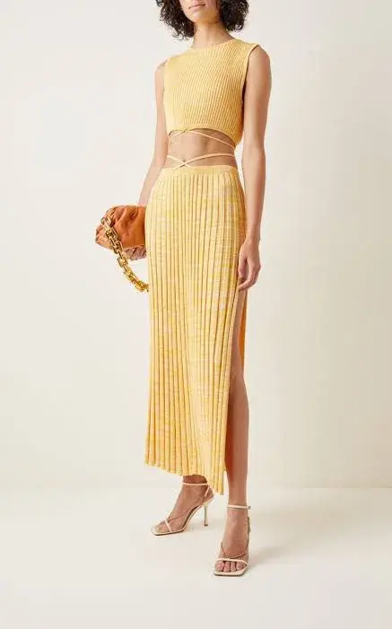 Christopher Esber Wrap Tie Knit Cropped Top and Pleated Knit Tie Midi Skirt Set Yellow Size 4 - Image 4