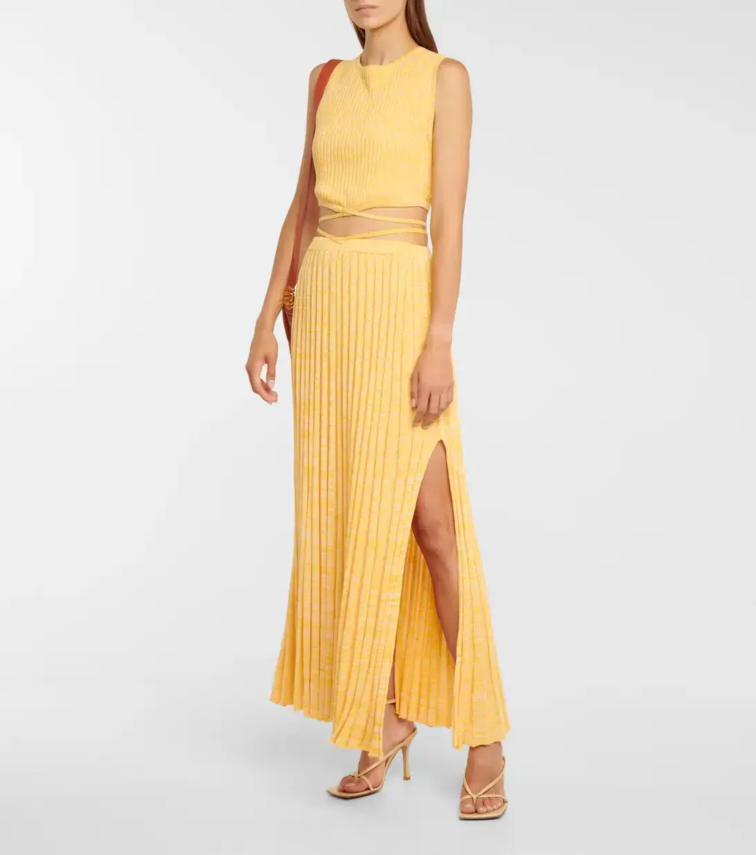 Christopher Esber Wrap Tie Knit Cropped Top and Pleated Knit Tie Midi Skirt Set Yellow Size 4 - Image 1