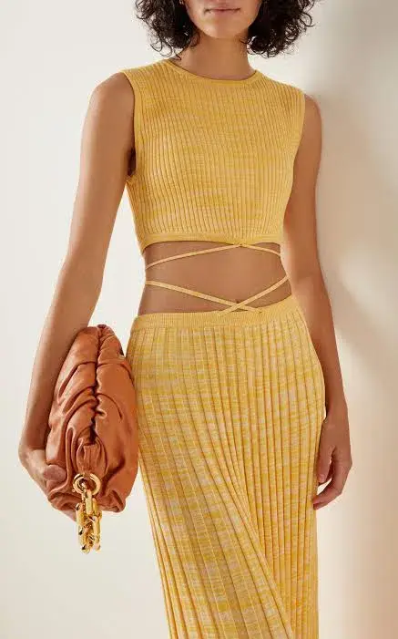 Christopher Esber Wrap Tie Knit Cropped Top and Pleated Knit Tie Midi Skirt Set Yellow Size 4 - Image 3