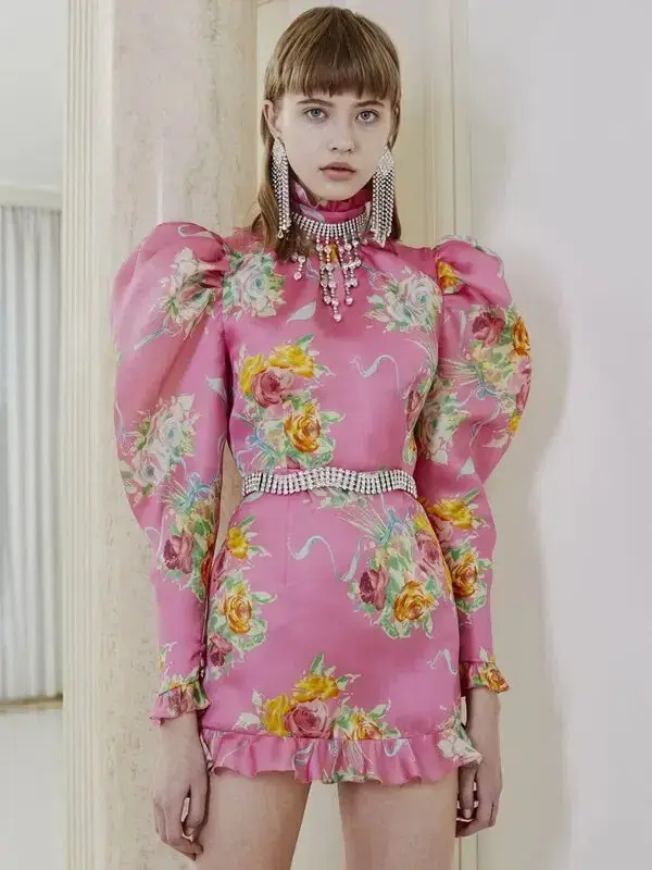 Alessandra Rich Pink Multi Printed Organza Mini Dress Print Size 8 for rent on The Volte - main image