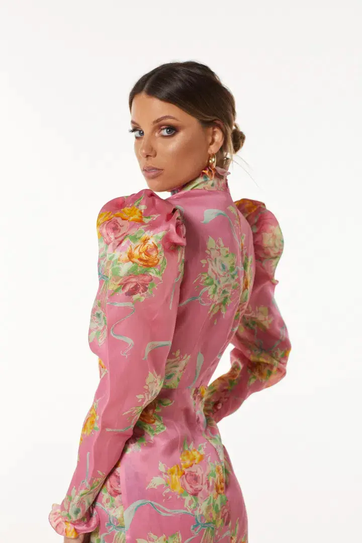 Alessandra Rich Pink Multi Printed Organza Mini Dress Print Size 8 - Image 3