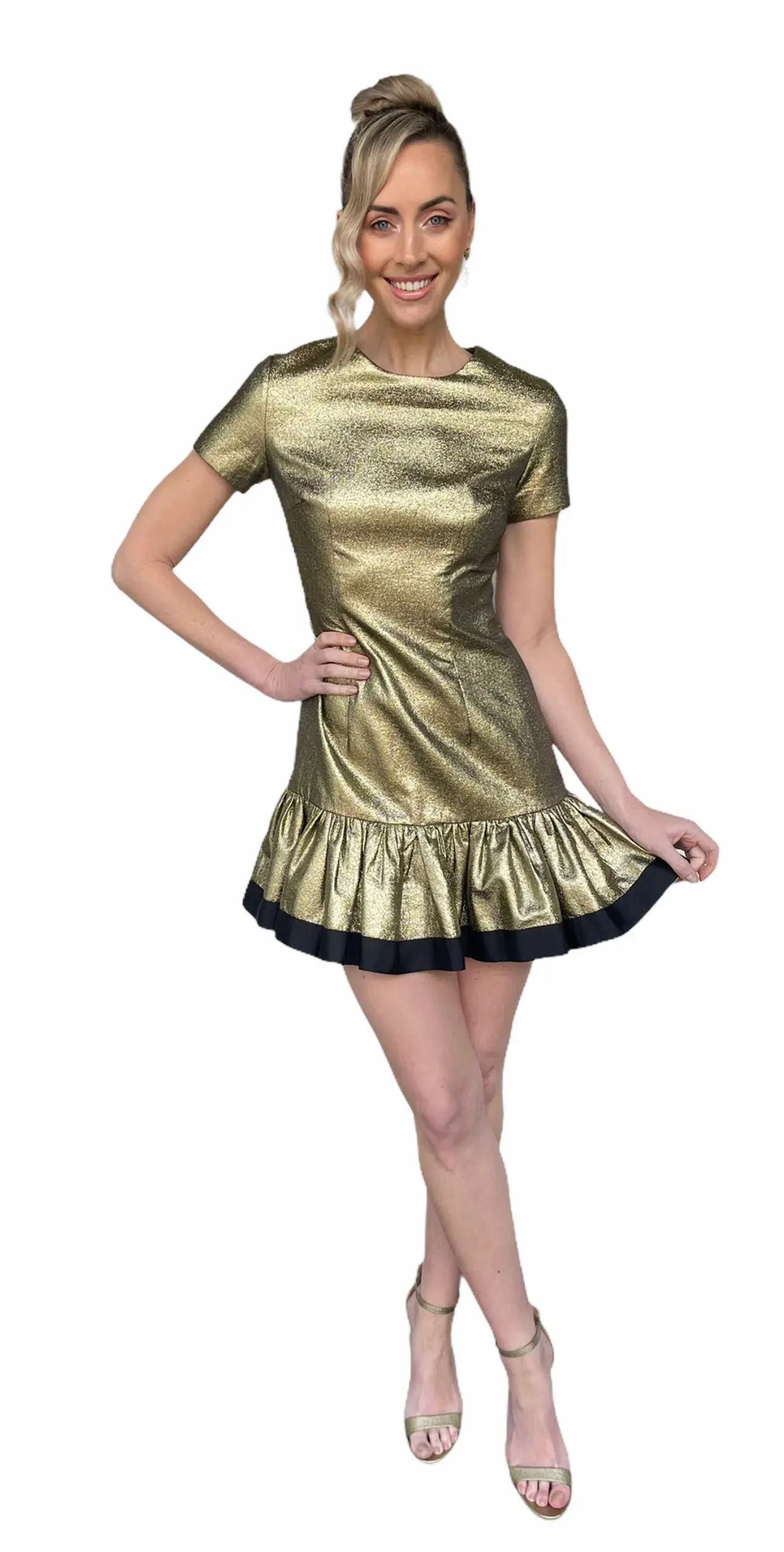 By Johnny Yarn Frill Mini Dress Gold Size 8 - Image 1