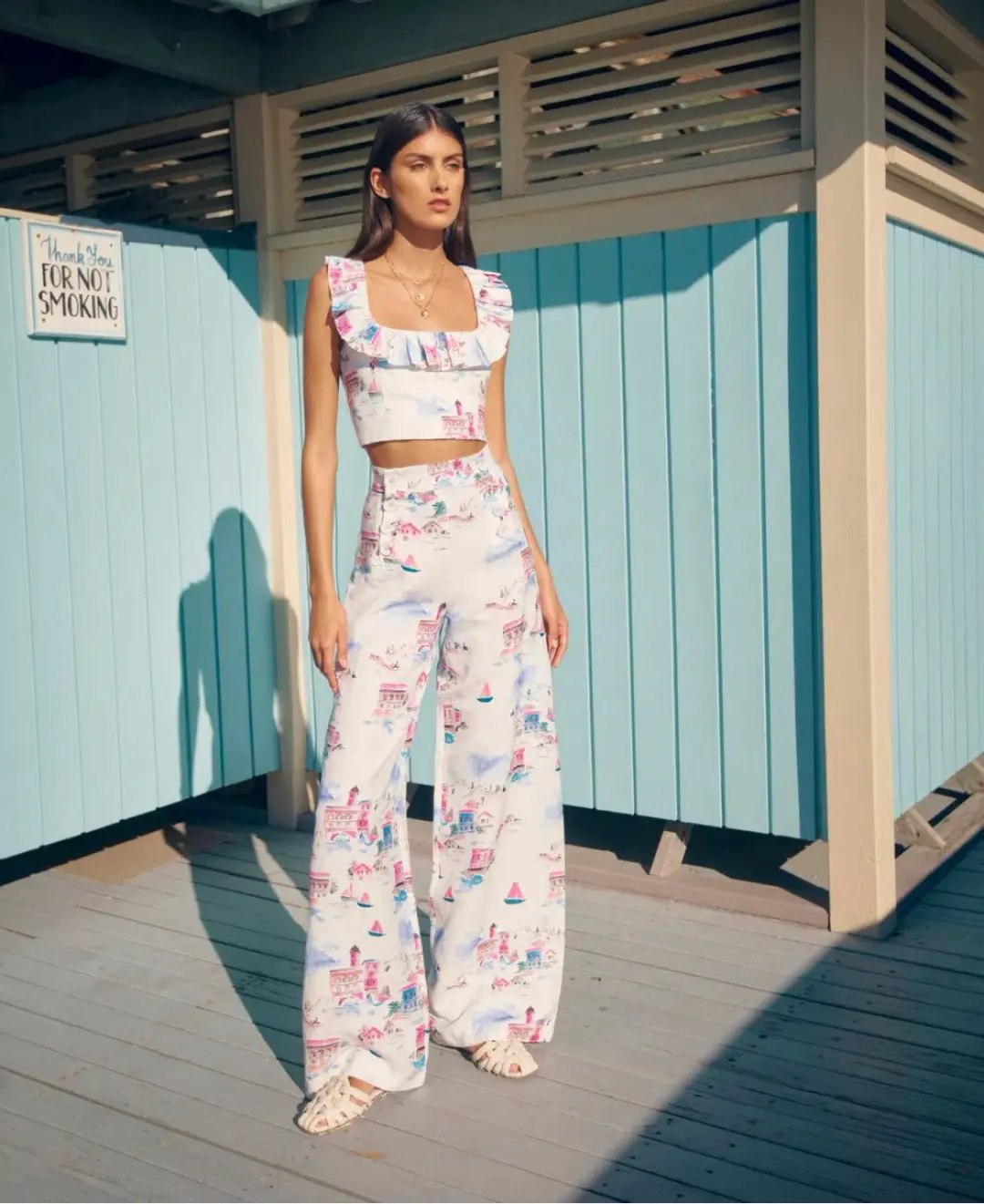 Rebecca Vallance Veneti Milkmaid Top and Wide-leg Trouser Set Print Size 8 for rent on The Volte - main image