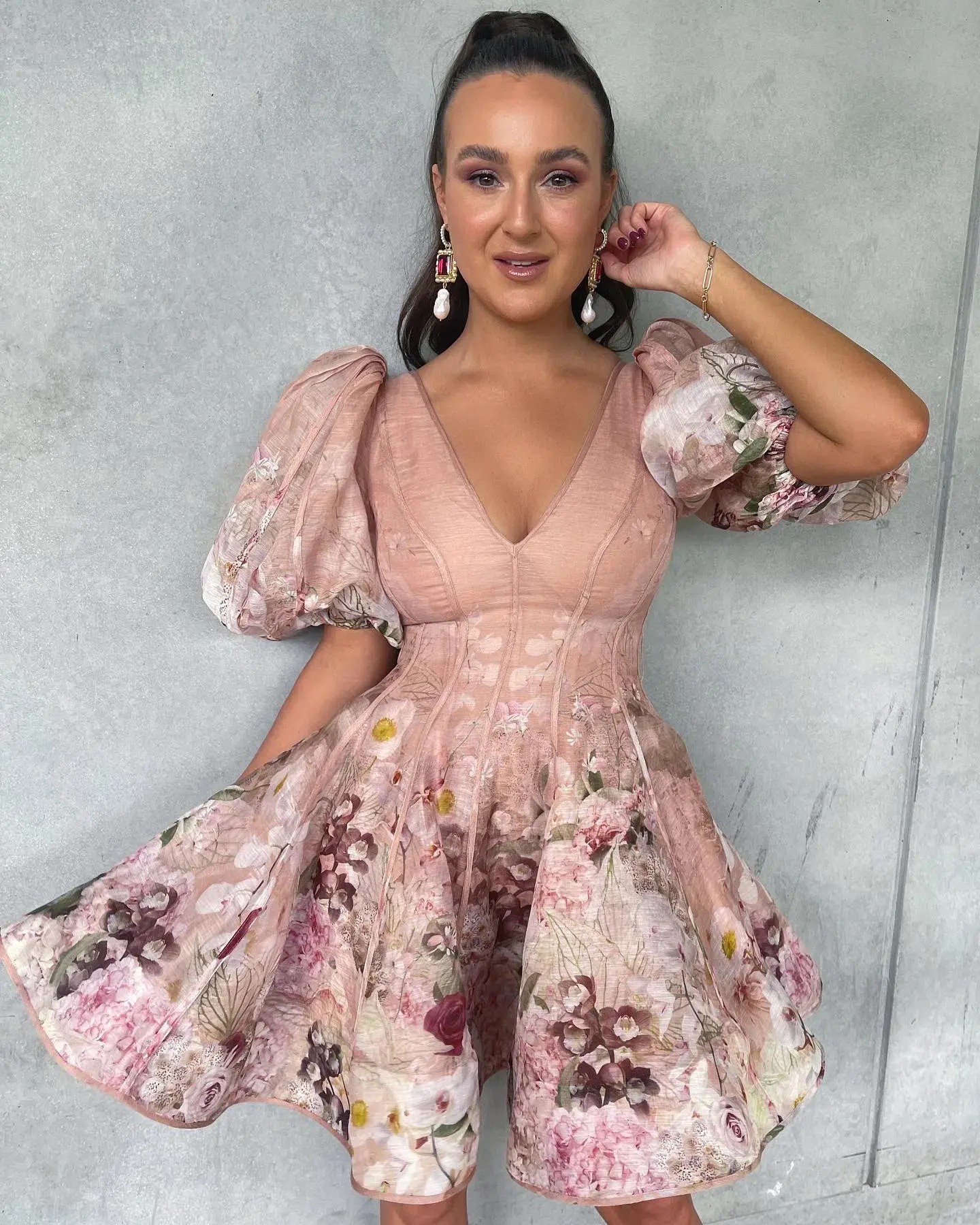 Zimmermann Dancer Puff Sleeve Mini in Blush Garden Floral Print Size 0/Au 8 - Image 1